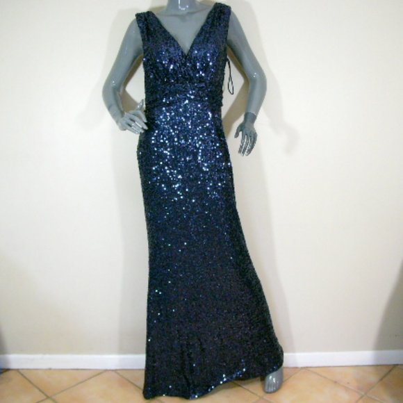 Badgley Mischka Belle Collection “Modele” Navy Sleeveless Sequined Gown Size 8 - Picture 3 of 8